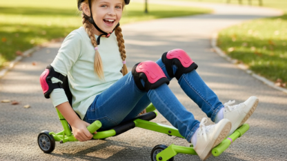 A child riding a wave roller, looking happy