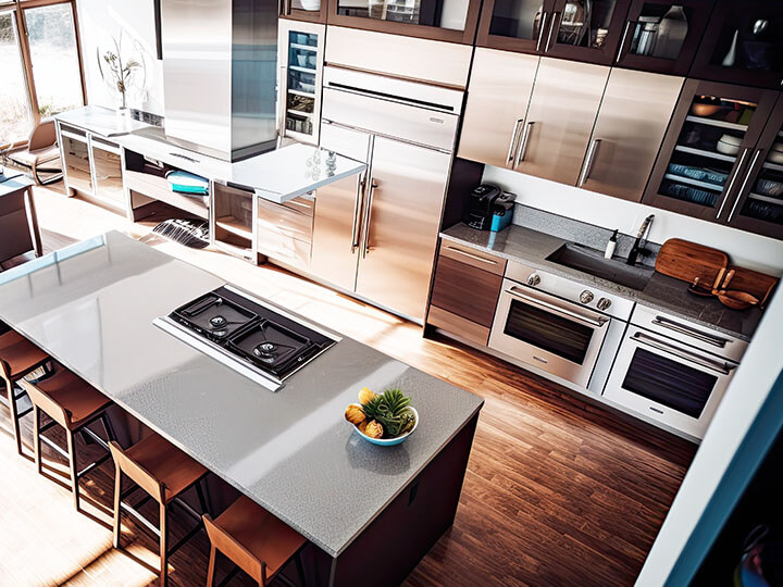 aerial view of a modern kitchen with island and stainless steel appliances