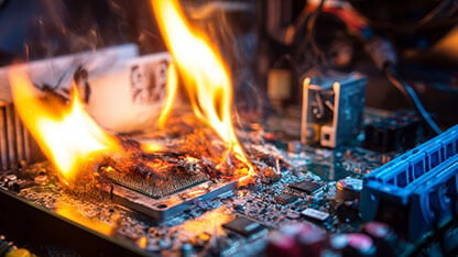 Fire engulfing and destroying the motherboard and components of a desktop PC, severe computer damage, burning electronics, circuit board meltdown, hardware