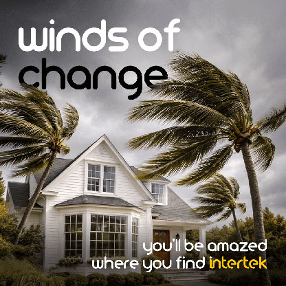 Palm trees blowing in a strong wind outside a residential building